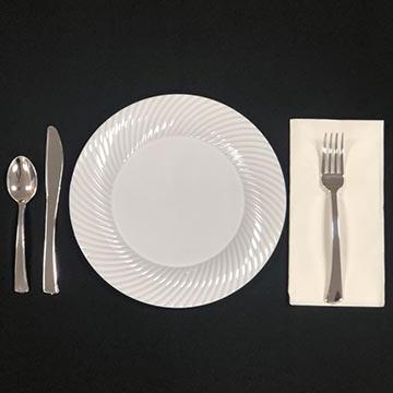 Disposable White plate with Silver Plastic Ware